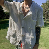 Threebooy Men's Clothing Leisure Luxury Knitted Shirt Harajuku Fashion Solid Color Short Sleeve Button-down Korean Popular Knitwear Summer